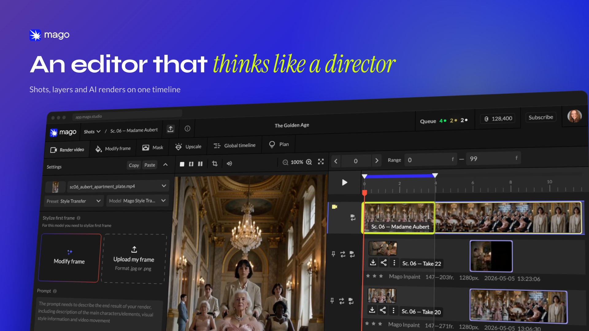 Mago editor: shots, layers and AI renders on one timeline