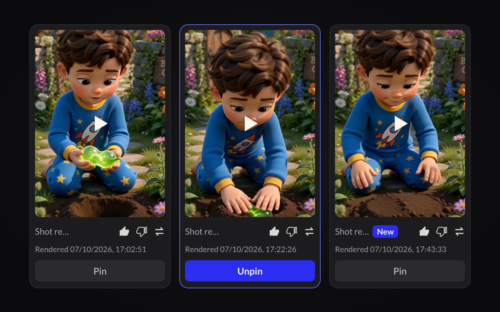 Versions of a shot with one pinned